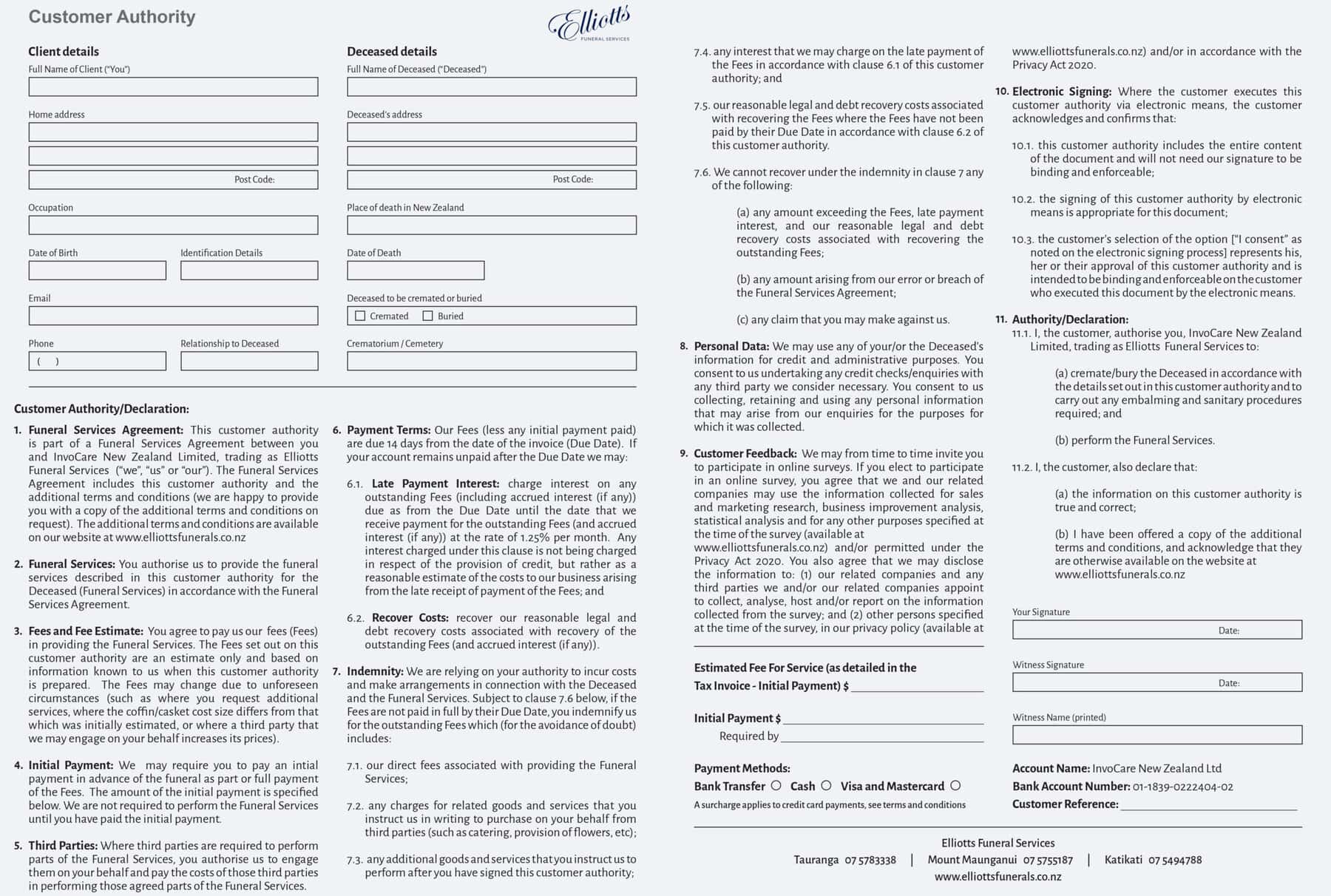 Elliotts Funeral Services Customer Authority Form